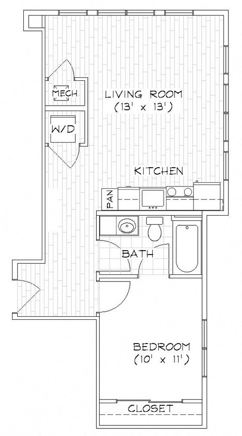 Floor plan for 1 bed, 1 bath, 598 sqft
